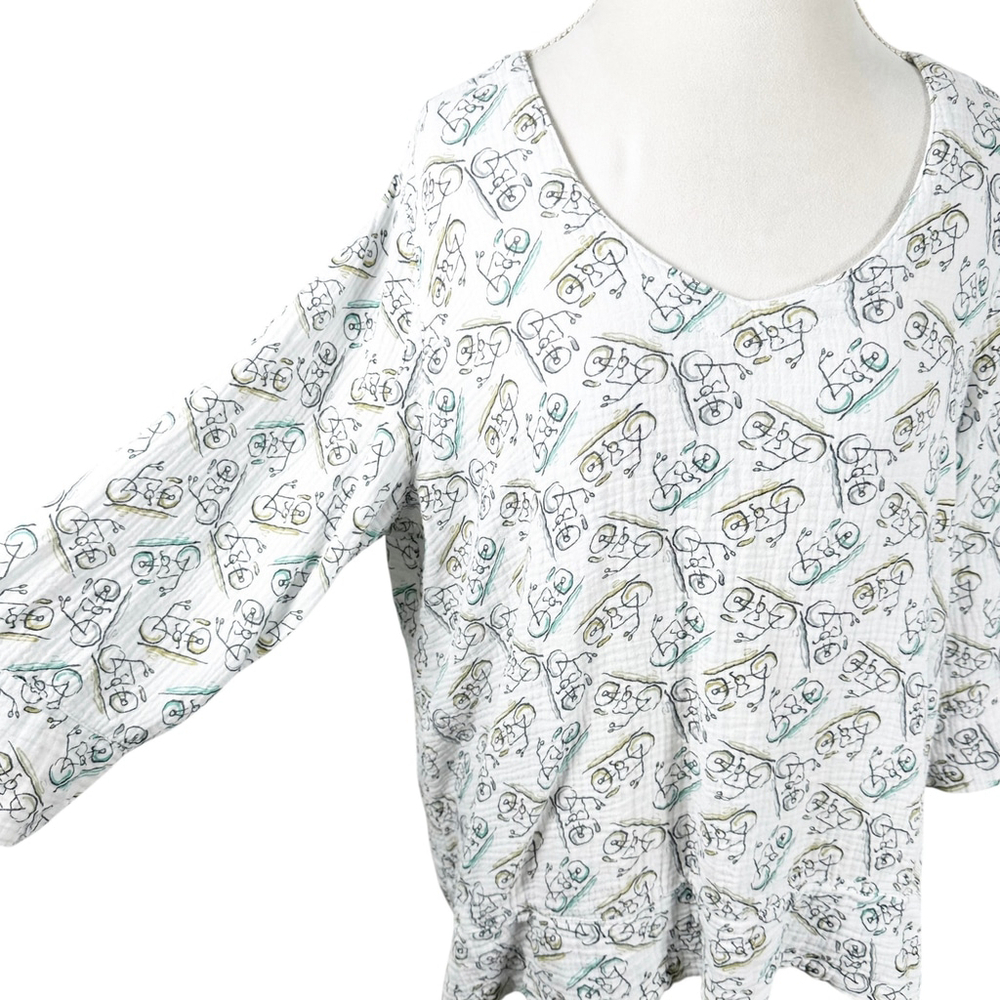 CMC Color Me Cotton Top Bicycle Print Muslin Gauze Soft Boxy Lagenlook Size XXL - Picture 8 of 11